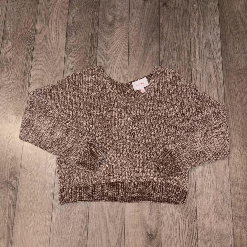 Pink Rose V-Neck Brown Sweater